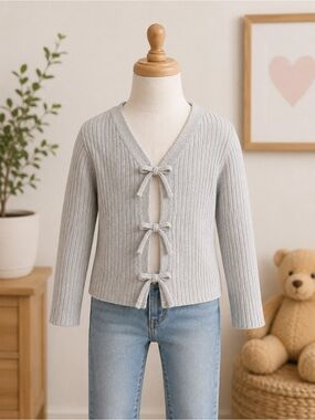 Cat & Jack Light Gray Ribbed Tie-Front Knit Cardigan